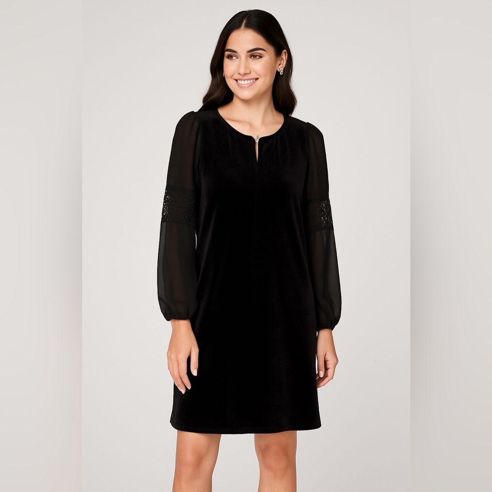 NY Collection Petite Medium Black Velvet Shift Dress Sheer Lace Sleeve NWT